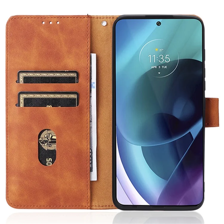 Skin-touch Feeling PU Leather Wallet Case Stand Function Shockproof Soft TPU Phone Cover for Motorola Moto G71 5G - Brown