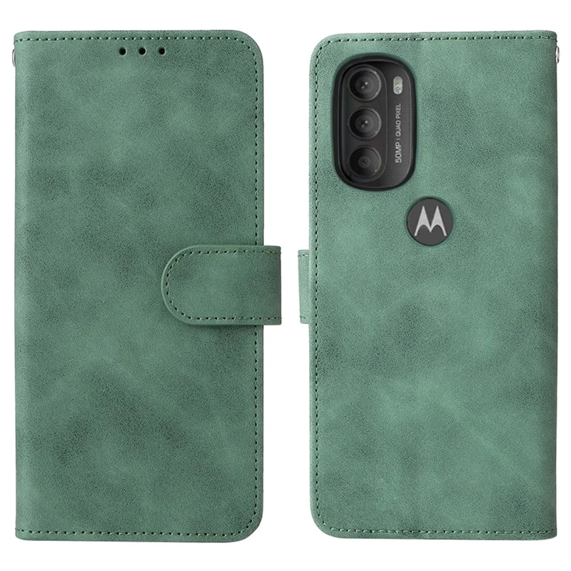 Skin-touch Feeling PU Leather Wallet Case Stand Function Shockproof Soft TPU Phone Cover for Motorola Moto G71 5G - Green