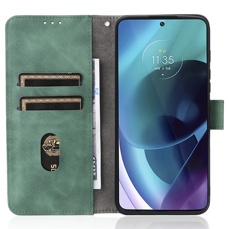 Skin-touch Feeling PU Leather Wallet Case Stand Function Shockproof Soft TPU Phone Cover for Motorola Moto G71 5G - Green