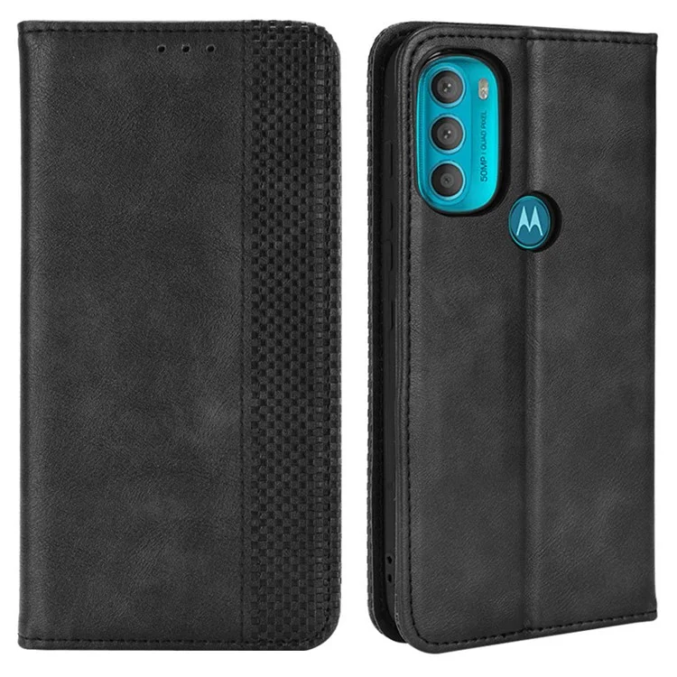 For Motorola Moto G71 5G Magnetic Automatic Closing Retro Style Imprinted Leather Wallet Stand Phone Shell - Black