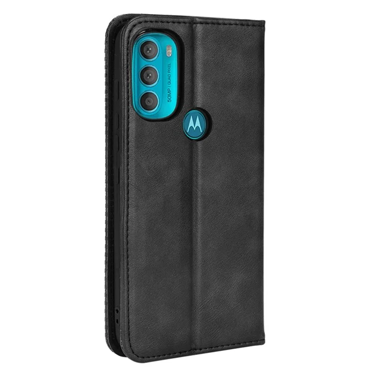 For Motorola Moto G71 5G Magnetic Automatic Closing Retro Style Imprinted Leather Wallet Stand Phone Shell - Black