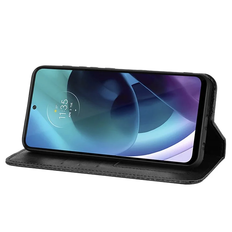 For Motorola Moto G71 5G Magnetic Automatic Closing Retro Style Imprinted Leather Wallet Stand Phone Shell - Black