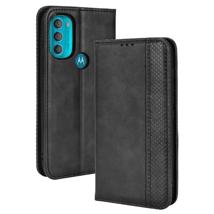 For Motorola Moto G71 5G Magnetic Automatic Closing Retro Style Imprinted Leather Wallet Stand Phone Shell - Black