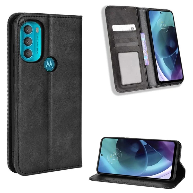 For Motorola Moto G71 5G Magnetic Automatic Closing Retro Style Imprinted Leather Wallet Stand Phone Shell - Black