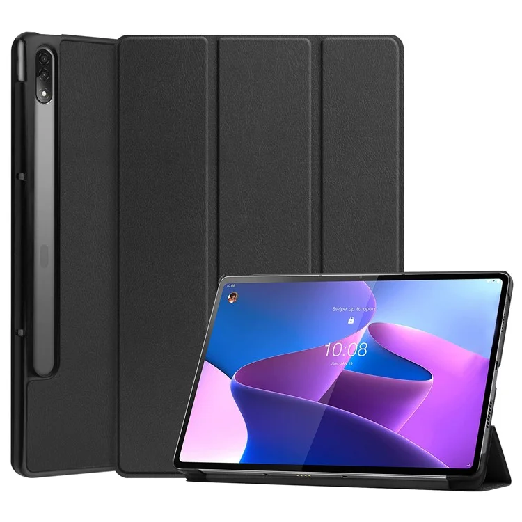 TRIFOLD STAND Tablet Cover Для Lenovo Tab P12 Pro, PU Кожа PU + PC Защитный Автоматический Пробуждение / Sleep Smart Case - Чернить