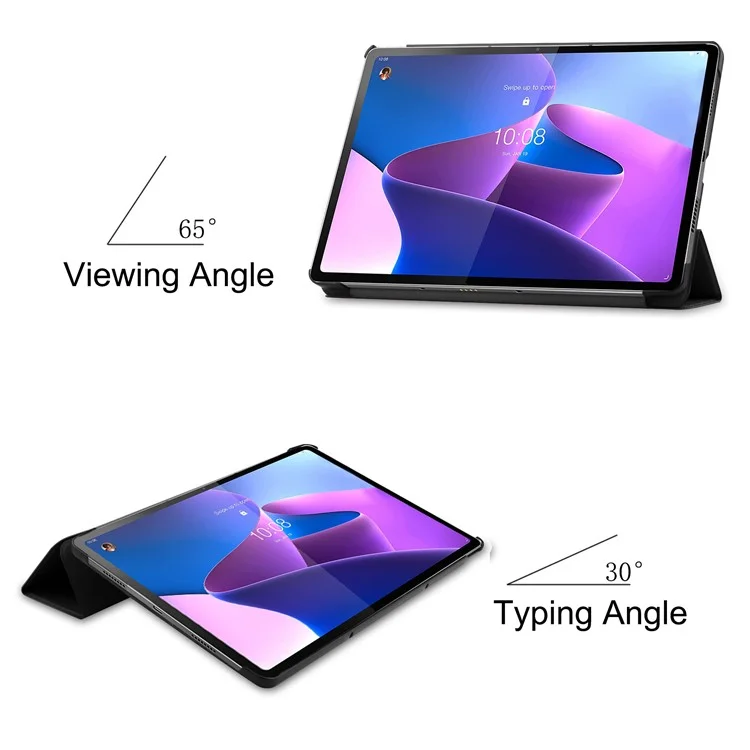 TRIFOLD STAND Tablet Cover Для Lenovo Tab P12 Pro, PU Кожа PU + PC Защитный Автоматический Пробуждение / Sleep Smart Case - Чернить