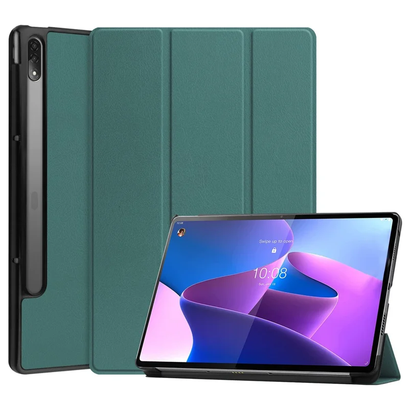 Trifold Stand Tablet Cover for Lenovo Tab P12 Pro, PU Leather + PC Protective Auto Wake/Sleep Smart Case - Green