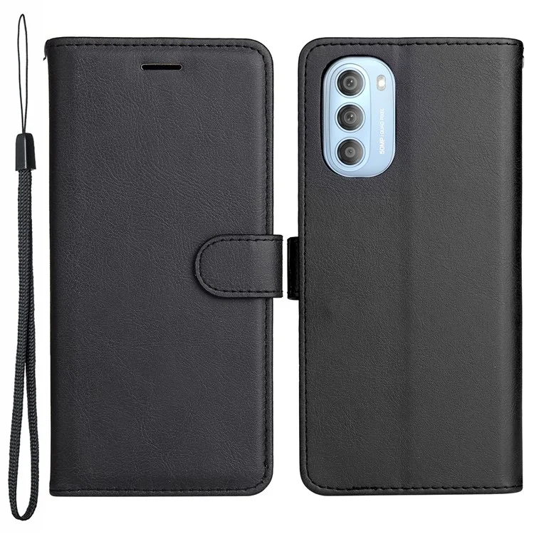 For Motorola Moto G51 5G Case Solid Color Leather Mobile Cover Wallet Stand with Strap - Black