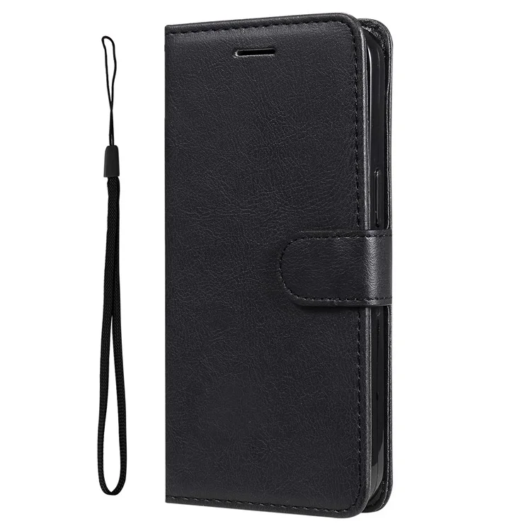 For Motorola Moto G51 5G Case Solid Color Leather Mobile Cover Wallet Stand with Strap - Black