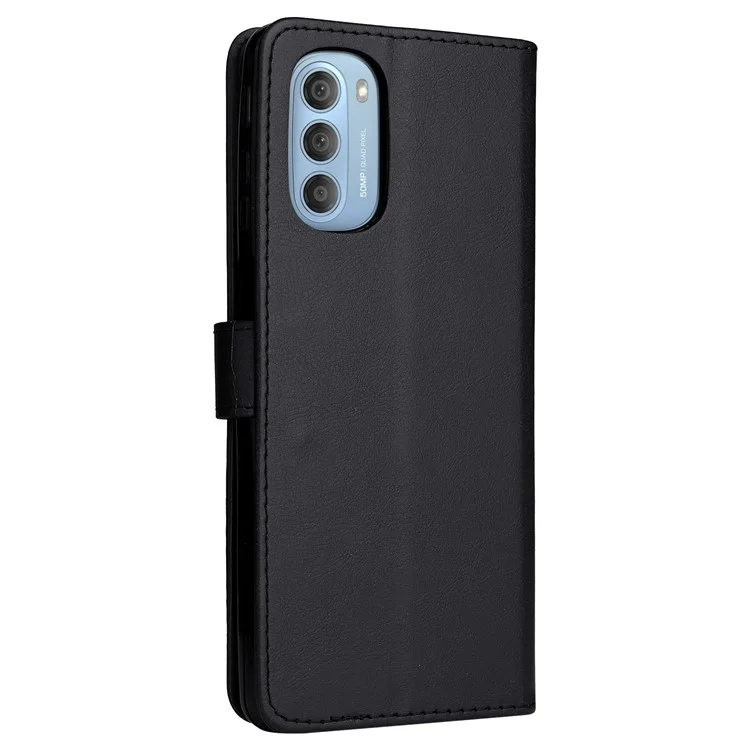 For Motorola Moto G51 5G Case Solid Color Leather Mobile Cover Wallet Stand with Strap - Black