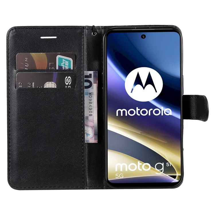 For Motorola Moto G51 5G Case Solid Color Leather Mobile Cover Wallet Stand with Strap - Black