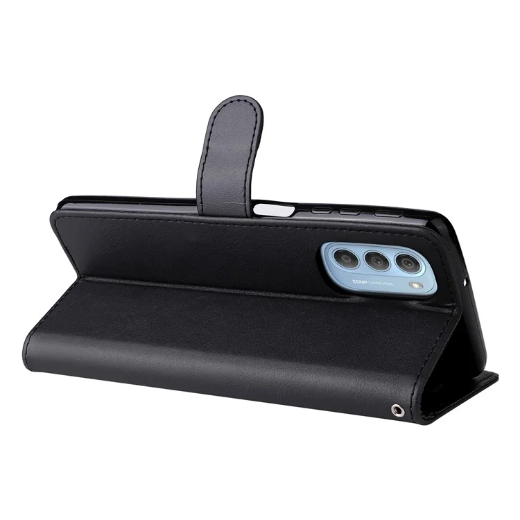 For Motorola Moto G51 5G Case Solid Color Leather Mobile Cover Wallet Stand with Strap - Black