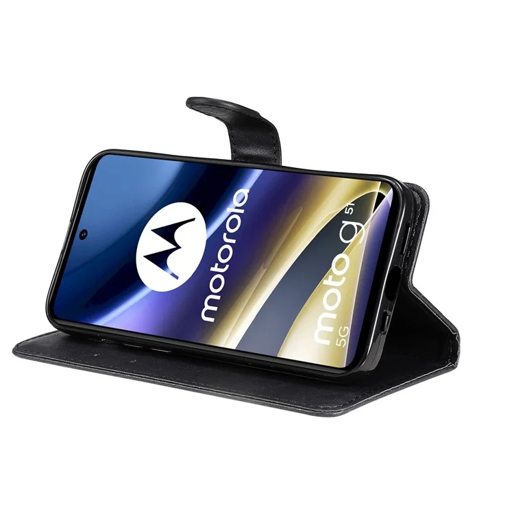 For Motorola Moto G51 5G Case Solid Color Leather Mobile Cover Wallet Stand with Strap - Black