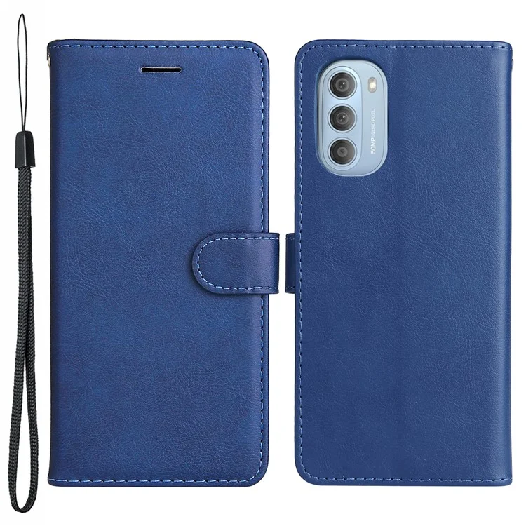 For Motorola Moto G51 5G Case Solid Color Leather Mobile Cover Wallet Stand with Strap - Blue
