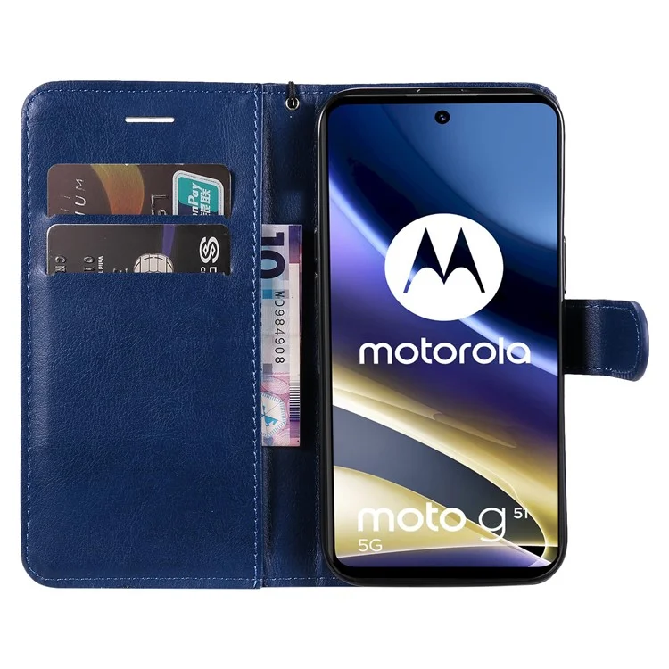 For Motorola Moto G51 5G Case Solid Color Leather Mobile Cover Wallet Stand with Strap - Blue