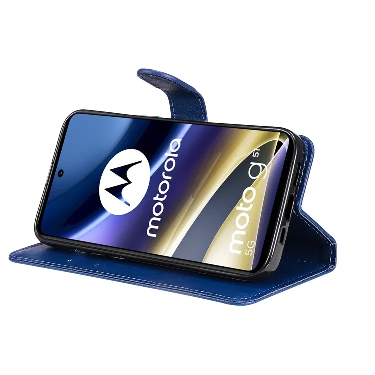 For Motorola Moto G51 5G Case Solid Color Leather Mobile Cover Wallet Stand with Strap - Blue