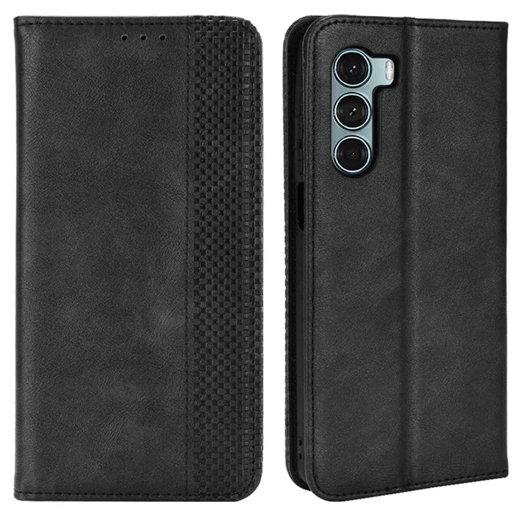 For Motorola Moto G200 5G/Edge S30 Scratch-resistant PU Leather Wallet Case Imprinted Mosaic Vintage Anti-fall Magnetic Absorption Stand Flip Cell Phone Cover - Black