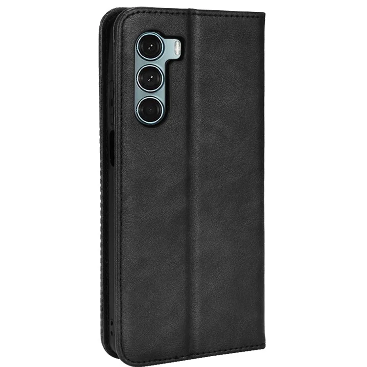For Motorola Moto G200 5G/Edge S30 Scratch-resistant PU Leather Wallet Case Imprinted Mosaic Vintage Anti-fall Magnetic Absorption Stand Flip Cell Phone Cover - Black