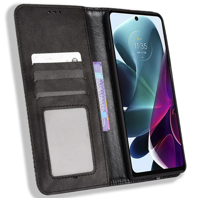 For Motorola Moto G200 5G/Edge S30 Scratch-resistant PU Leather Wallet Case Imprinted Mosaic Vintage Anti-fall Magnetic Absorption Stand Flip Cell Phone Cover - Black