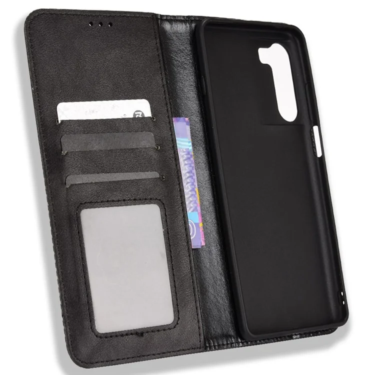 For Motorola Moto G200 5G/Edge S30 Scratch-resistant PU Leather Wallet Case Imprinted Mosaic Vintage Anti-fall Magnetic Absorption Stand Flip Cell Phone Cover - Black