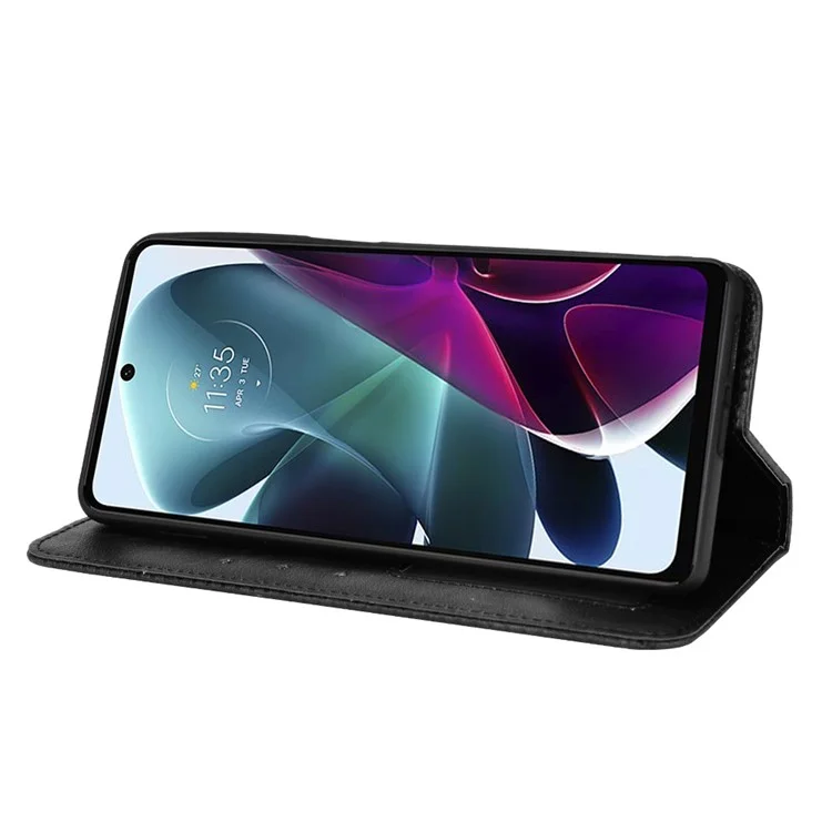 For Motorola Moto G200 5G/Edge S30 Scratch-resistant PU Leather Wallet Case Imprinted Mosaic Vintage Anti-fall Magnetic Absorption Stand Flip Cell Phone Cover - Black