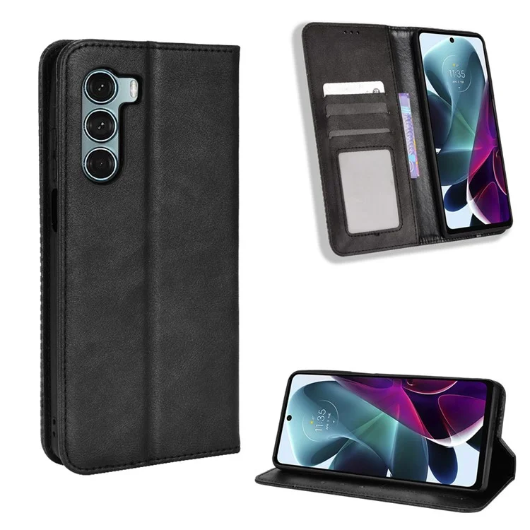 For Motorola Moto G200 5G/Edge S30 Scratch-resistant PU Leather Wallet Case Imprinted Mosaic Vintage Anti-fall Magnetic Absorption Stand Flip Cell Phone Cover - Black