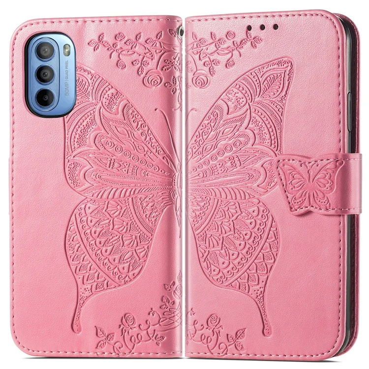 Coque Portefeuille en Cuir PU Imprimé Papillon pour Motorola Moto G31 / Moto G41, Étui de Protection Rabattable avec Support et Dragonne - Rose