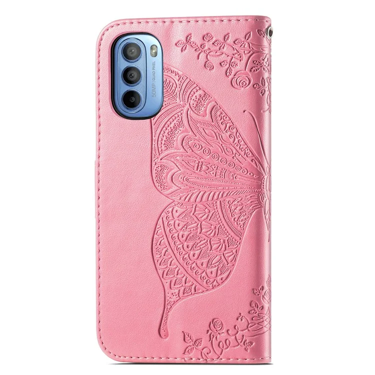 Coque Portefeuille en Cuir PU Imprimé Papillon pour Motorola Moto G31 / Moto G41, Étui de Protection Rabattable avec Support et Dragonne - Rose