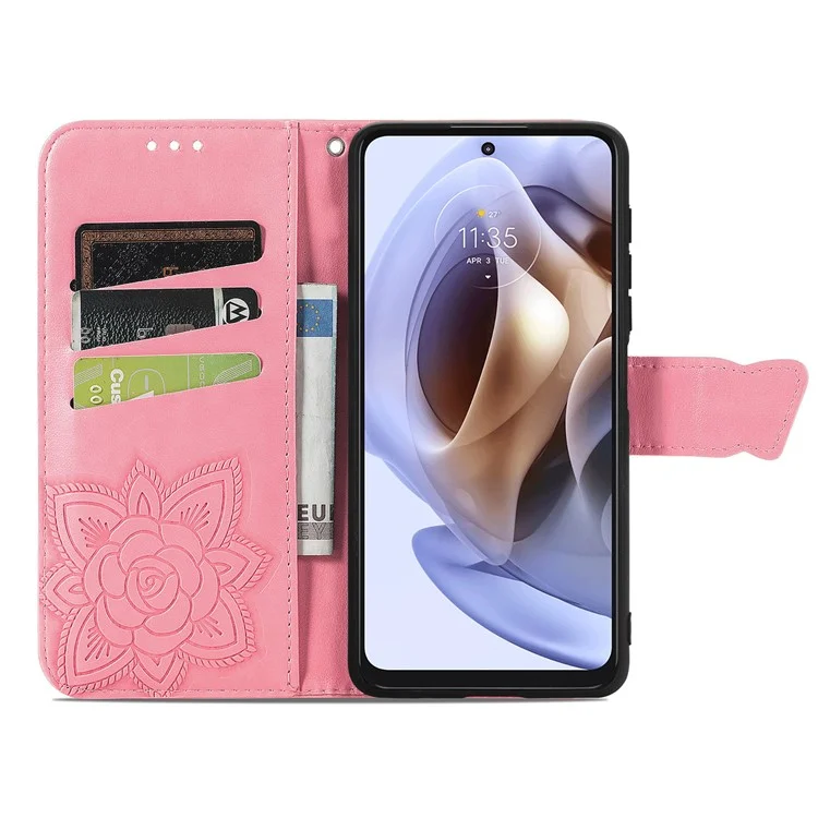 Coque Portefeuille en Cuir PU Imprimé Papillon pour Motorola Moto G31 / Moto G41, Étui de Protection Rabattable avec Support et Dragonne - Rose
