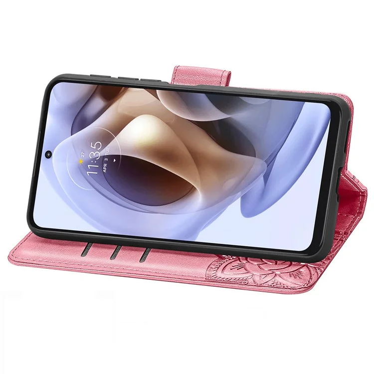 Coque Portefeuille en Cuir PU Imprimé Papillon pour Motorola Moto G31 / Moto G41, Étui de Protection Rabattable avec Support et Dragonne - Rose