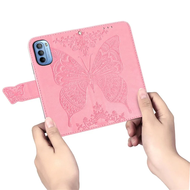 Coque Portefeuille en Cuir PU Imprimé Papillon pour Motorola Moto G31 / Moto G41, Étui de Protection Rabattable avec Support et Dragonne - Rose