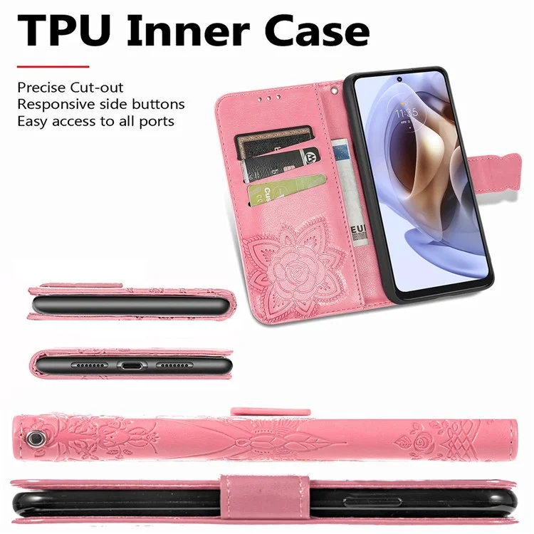 Coque Portefeuille en Cuir PU Imprimé Papillon pour Motorola Moto G31 / Moto G41, Étui de Protection Rabattable avec Support et Dragonne - Rose