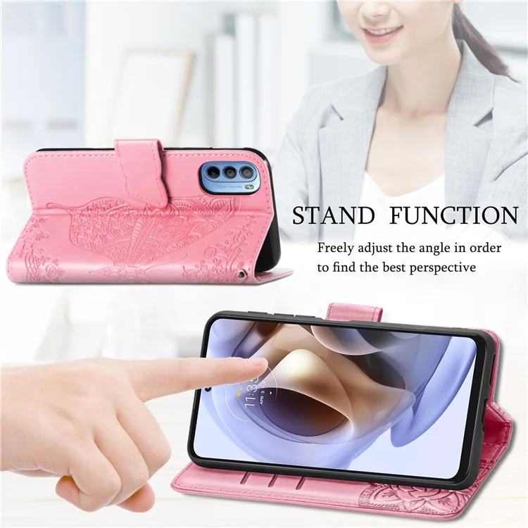 Coque Portefeuille en Cuir PU Imprimé Papillon pour Motorola Moto G31 / Moto G41, Étui de Protection Rabattable avec Support et Dragonne - Rose