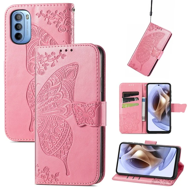 Coque Portefeuille en Cuir PU Imprimé Papillon pour Motorola Moto G31 / Moto G41, Étui de Protection Rabattable avec Support et Dragonne - Rose