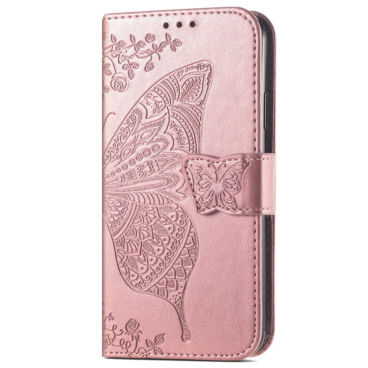PU Leather Butterfly Flower Imprinted Cover for Motorola Moto G31 / Moto G41, Wallet Stand Flip Shockproof Protective Case with Strap - Rose Gold
