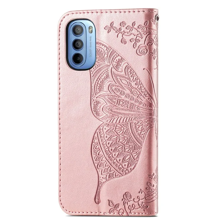 PU Leather Butterfly Flower Imprinted Cover for Motorola Moto G31 / Moto G41, Wallet Stand Flip Shockproof Protective Case with Strap - Rose Gold