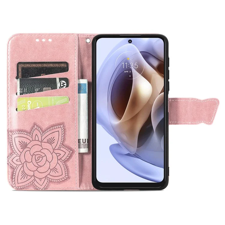 PU Leather Butterfly Flower Imprinted Cover for Motorola Moto G31 / Moto G41, Wallet Stand Flip Shockproof Protective Case with Strap - Rose Gold