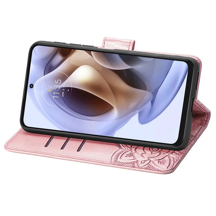 PU Leather Butterfly Flower Imprinted Cover for Motorola Moto G31 / Moto G41, Wallet Stand Flip Shockproof Protective Case with Strap - Rose Gold