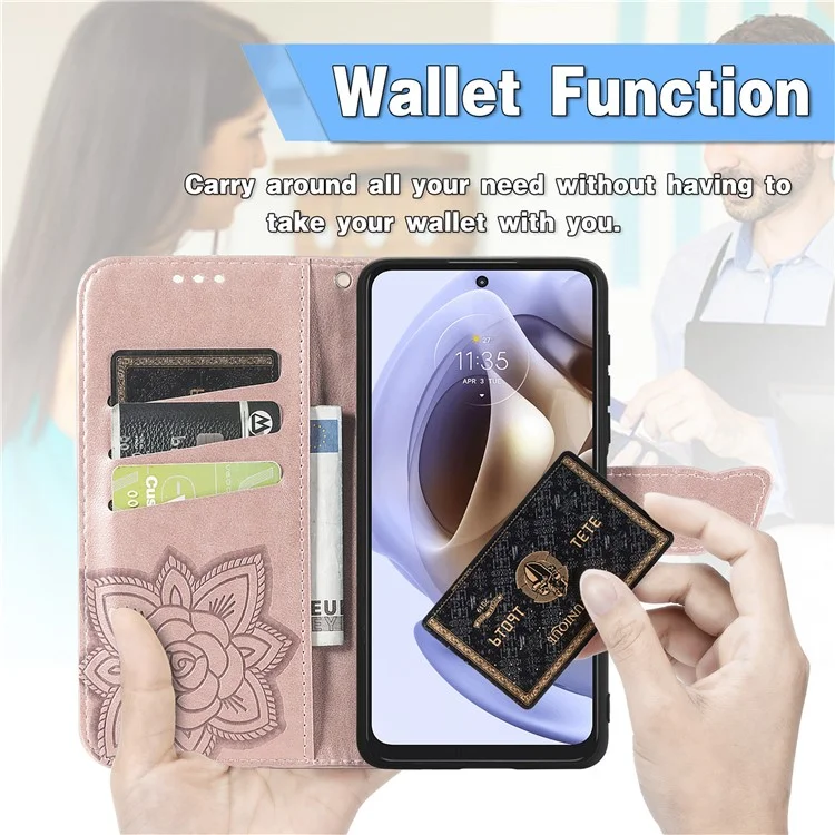 PU Leather Butterfly Flower Imprinted Cover for Motorola Moto G31 / Moto G41, Wallet Stand Flip Shockproof Protective Case with Strap - Rose Gold