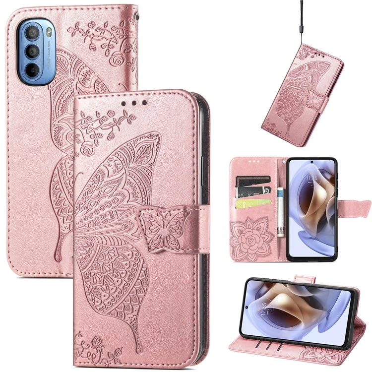 PU Leather Butterfly Flower Imprinted Cover for Motorola Moto G31 / Moto G41, Wallet Stand Flip Shockproof Protective Case with Strap - Rose Gold