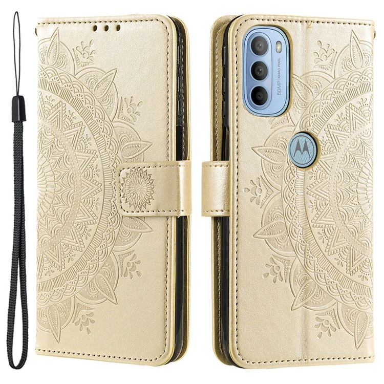 Pour Motorola Moto G31 / Moto G41 PU Portefeuille en Cuir Case de Téléphone Mandala Fleur de Support Imprimé Couvercle de Bascule Avec Sangle à Main - or