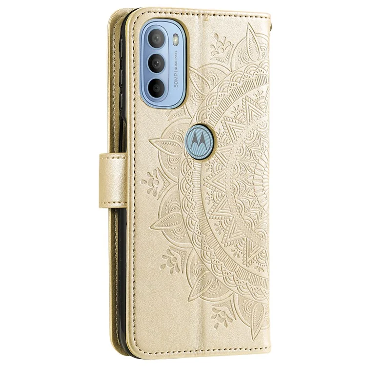 Pour Motorola Moto G31 / Moto G41 PU Portefeuille en Cuir Case de Téléphone Mandala Fleur de Support Imprimé Couvercle de Bascule Avec Sangle à Main - or