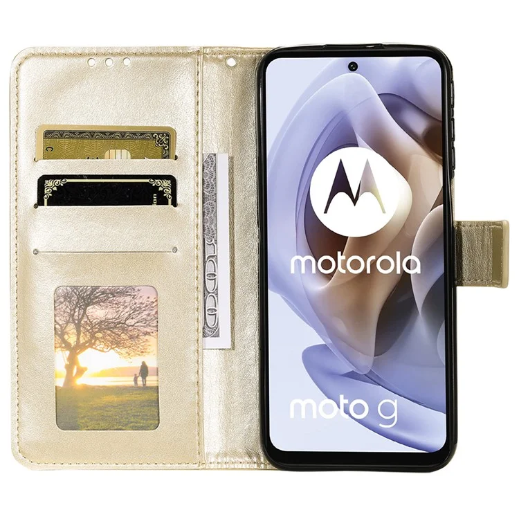 Pour Motorola Moto G31 / Moto G41 PU Portefeuille en Cuir Case de Téléphone Mandala Fleur de Support Imprimé Couvercle de Bascule Avec Sangle à Main - or