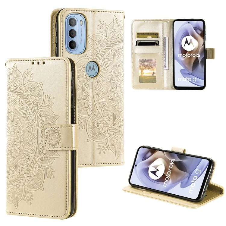 Pour Motorola Moto G31 / Moto G41 PU Portefeuille en Cuir Case de Téléphone Mandala Fleur de Support Imprimé Couvercle de Bascule Avec Sangle à Main - or