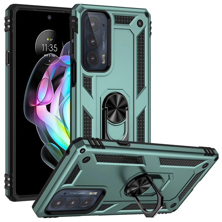For Motorola Edge 20 Integrated Rotating Ring Kickstand Hybrid Cell Phone Case Military Grade Protection - Blackish Green