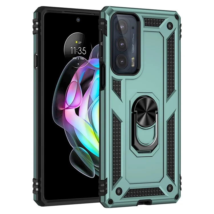 For Motorola Edge 20 Integrated Rotating Ring Kickstand Hybrid Cell Phone Case Military Grade Protection - Blackish Green