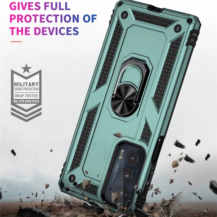 For Motorola Edge 20 Integrated Rotating Ring Kickstand Hybrid Cell Phone Case Military Grade Protection - Blackish Green