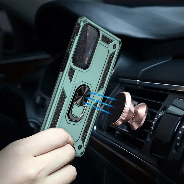 For Motorola Edge 20 Integrated Rotating Ring Kickstand Hybrid Cell Phone Case Military Grade Protection - Blackish Green