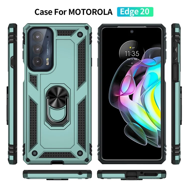 For Motorola Edge 20 Integrated Rotating Ring Kickstand Hybrid Cell Phone Case Military Grade Protection - Blackish Green