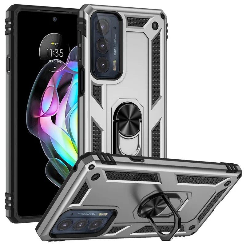 För Motorola Edge 20 integrerad roterande ringsfodral med hybrid mobilskal Militärklass skydd - Silver
